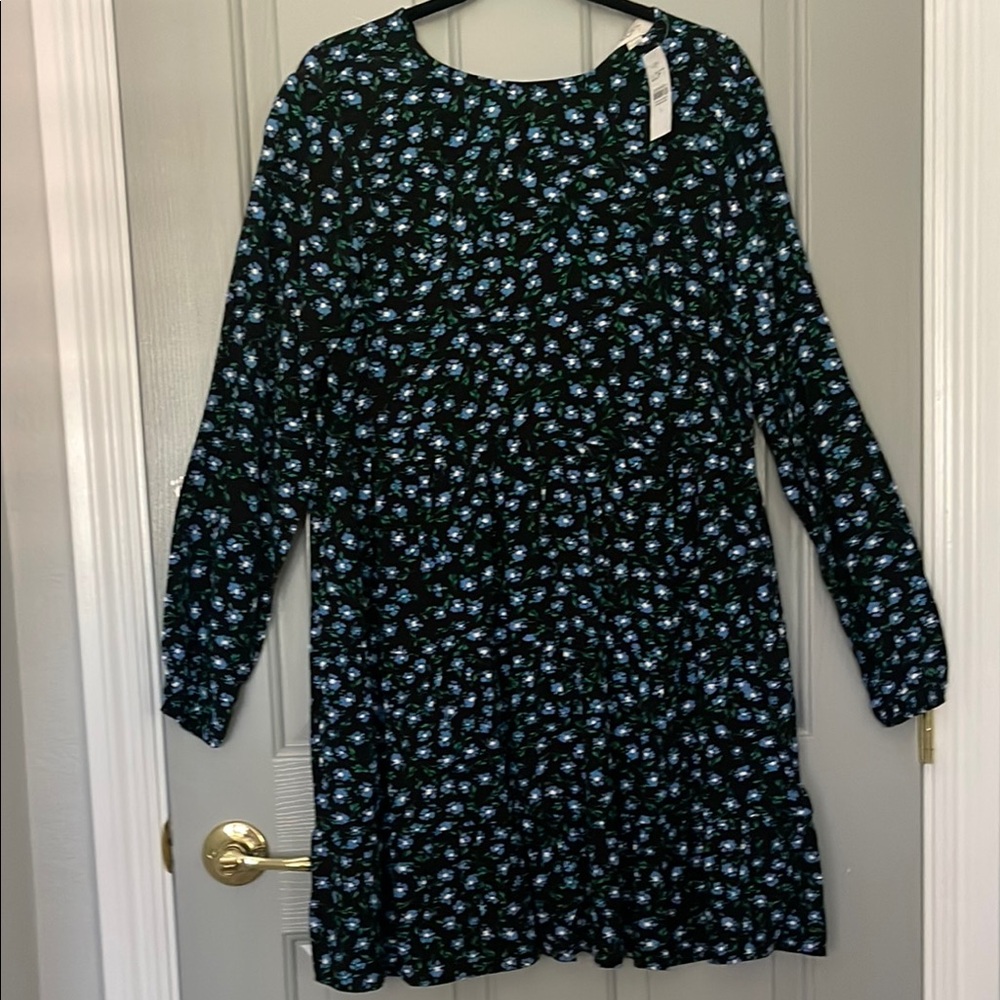 LOFT Blue Bishop Sleeve Crew Neck Sundress